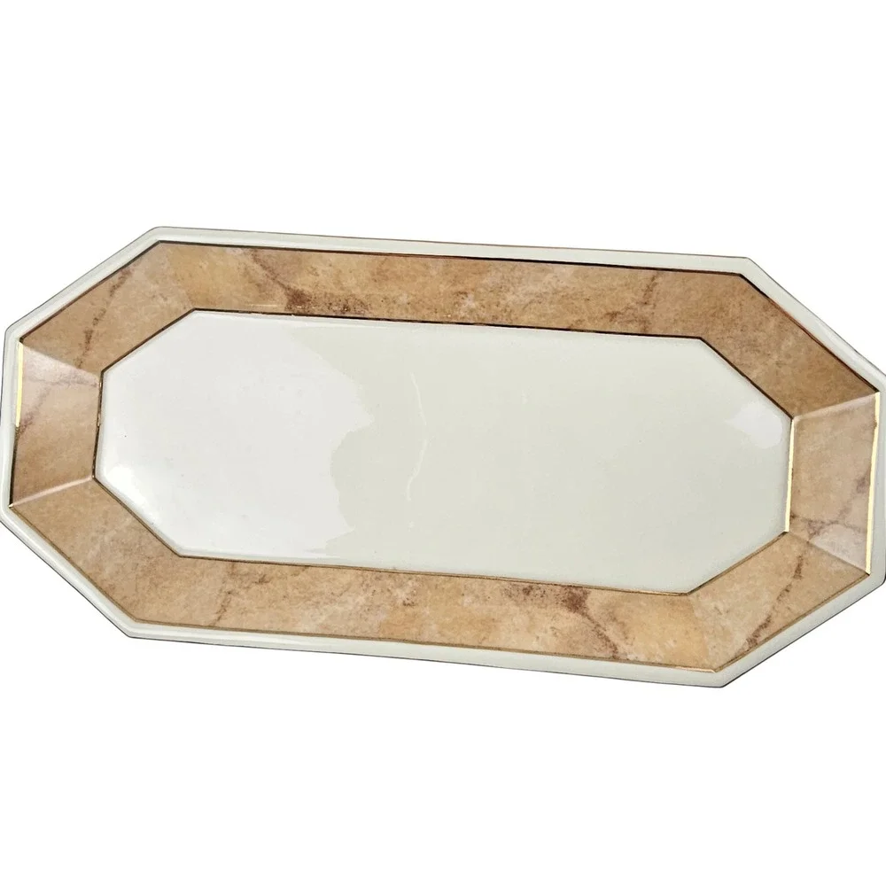 Octagonal Ceramic Serving Tray Marble Pattern Rim Gold Trim Cream Tan 11.5 inch